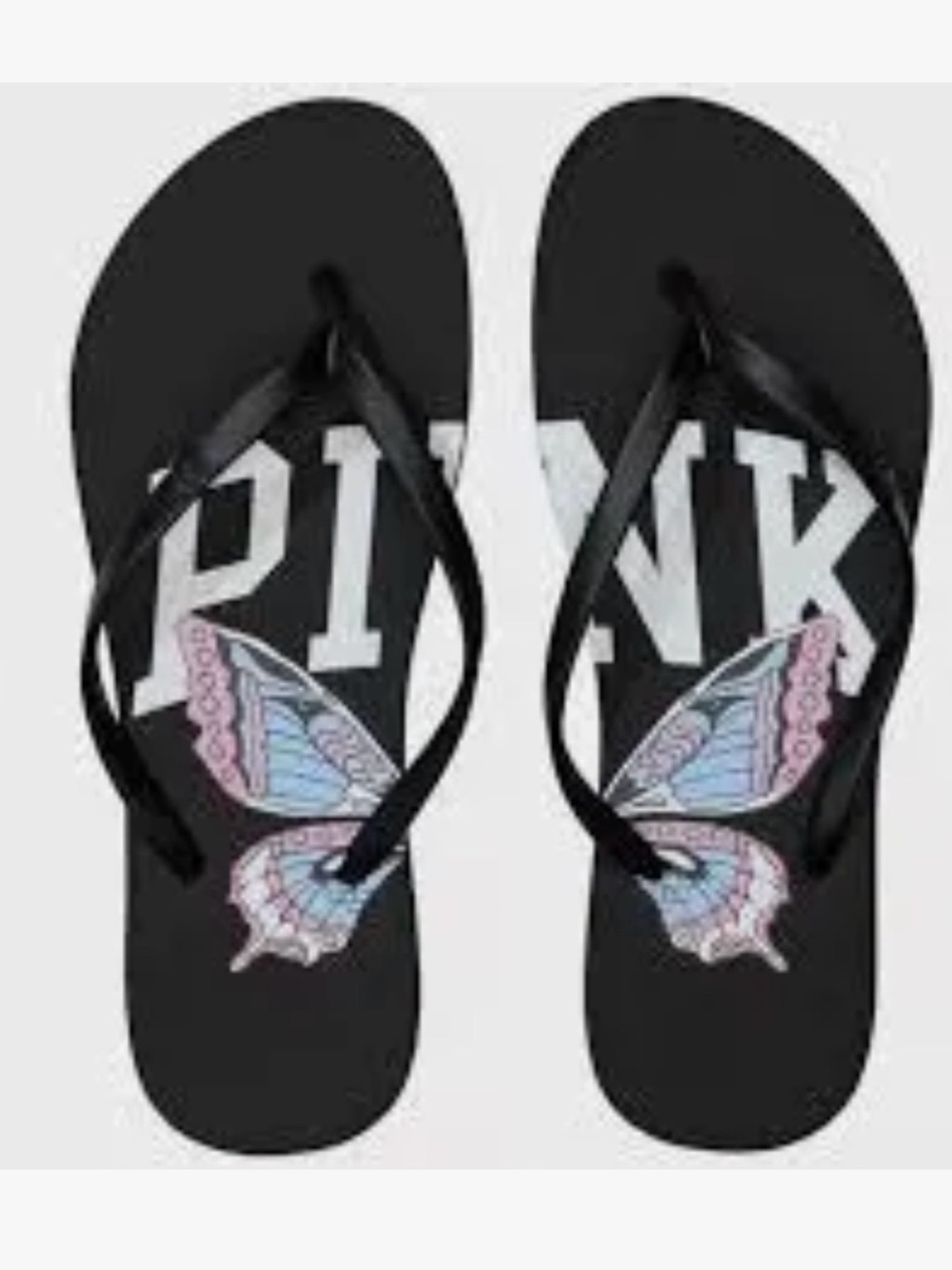 NWT Black Slide Sandals with Pink & Blue Butterfly Print